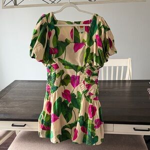 FARM Rio Beige Mini Dress with Green Leaf and Hot Pink Floral Print